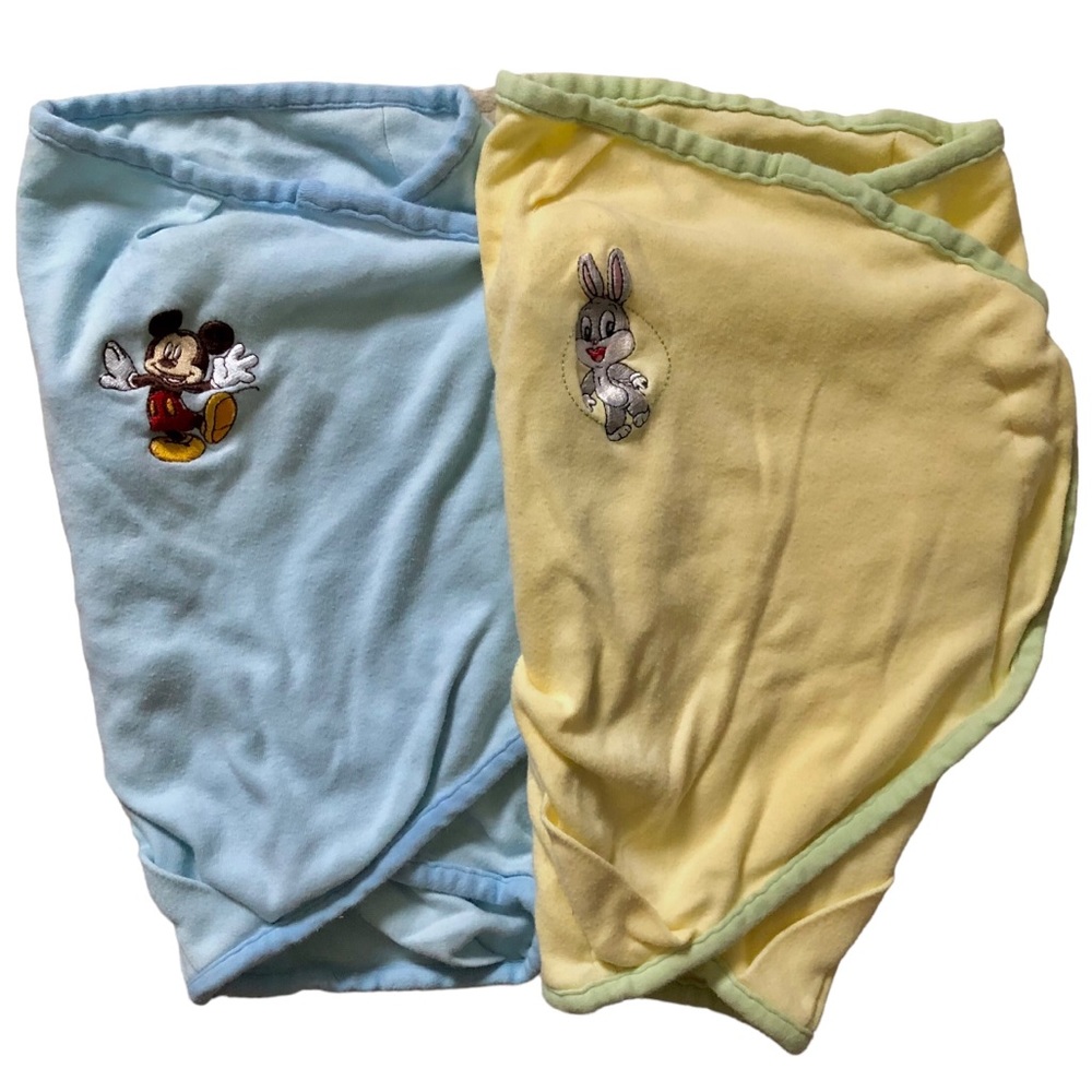 Bundle of 2 Disney Character Baby Velcro Cotton Swaddles, Blue Yellow Size 0+ mo